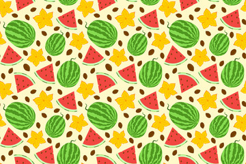Cute watermelon seamless pattern. Whole berry with slice, flowers and seeds. Hand drawn illustration for fabric, textile, cover, wallpaper, calendar. Organic vegetarian food backdrop. EPS 10