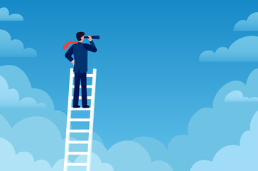Business vision. Businessman stands on career ladder with telescope. Promotion, success new opportunities, visionary strategy vector concept. Achieving objectives and goals, man looking in sky © Tartila