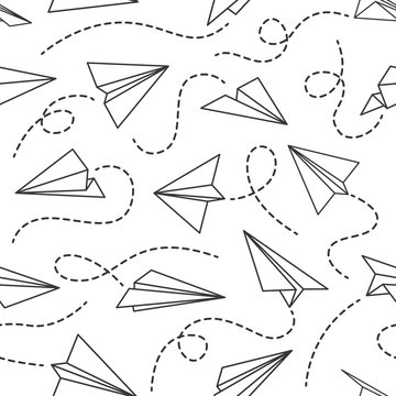 Line paper airplane seamless pattern. Flying planes from different direction with dotted line tracks, black drawing wallpaper vector texture, fabric. Post delivery flight, invention concept