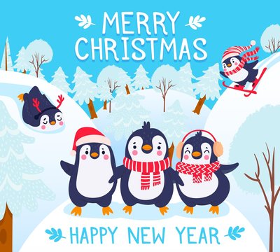 Christmas with penguins. Holidays greetings with cute happy penguins in winter forest, lettering merry christmas vector background. Animals in warm clothing hat, scarf and earmuffs. Skiing activity