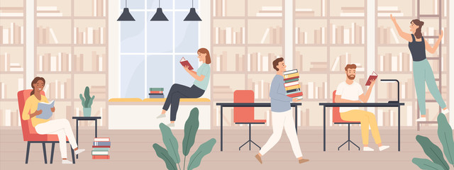 People in library. Men and women read book, students study with books and gadgets in public library interior vector concept. Girl on ladder getting book, people at desks and chairs © Tartila