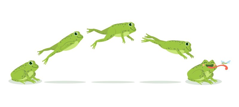 Frog jump. Various frog jumping animation sequence, jump green toad keyframes, funny water animals hunting insects, cartoon vector set.