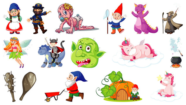 Set of fantasy cartoon characters and fantasy theme isolated on white background