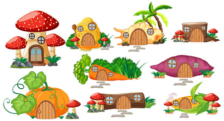 Set of isolated fairy tale houses cartoon style on white background