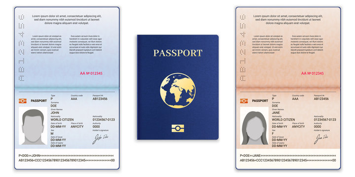 Passport template. International open passport with sample personal data page man and woman document for travel and immigration, vector set. Blue cover with globe, realistic id with information