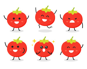 Collection of cute tomato character in various poses isolated on white background. Funny vegetable cartoon. Flat vector graphic design illustration for infographic, children book, and farm concept.