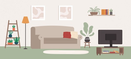 Living room interior with different furniture and TV. Indoor items as comfortable sofa with pillows, plants, shelf with books, lamp and pictures in frames on wall vector illustration