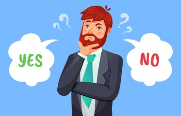 Man making decision, yes or no choice. Male person having dilemma. Guy in formal suit, office worker or businessman making up his mind, speech bubbles with pro and con vector illustration