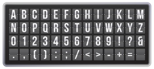 Realistic scoreboard flip font. Latin alphabet, numbers and symbols on panel. Mechanical scoreboard for arrival and departure airport signs, railway station. Abc typography vector illustration