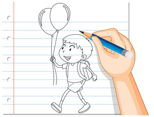 Hand writing of boy holding balloon