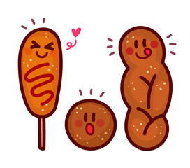 찹쌀 꽈배기, 찹쌀 도넛, 핫도그 캐릭터 일러스트.