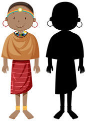 Set of people of African tribes character with its silhouette