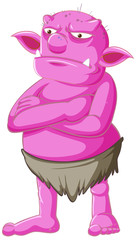 Pink goblin or troll standing pose with anger face in cartoon character isolated