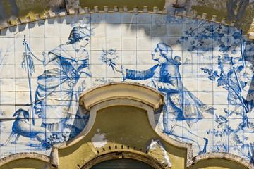panel of Art Nouveau azulejos on the facade of a Portuguese residence in Lisbon, Portugal