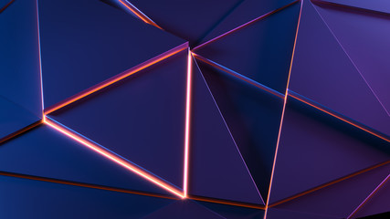 Creative geometric background with triangles shapes. Modern trendy design backdrop. Digital technology composition with neon colors. 3d rendering. 3d illustration.