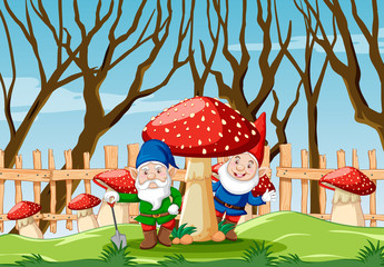 Gnome with mushroom in the garden cartoon style garden scene