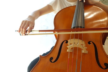 チェロを弾く若い女性　柔らかい光が射す部屋で woman playing the  cello