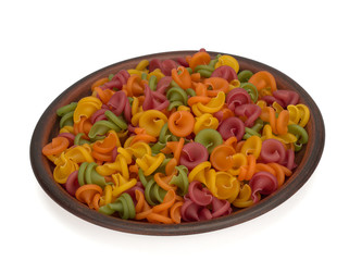 Pasta Funny snails for children in the plate on white background