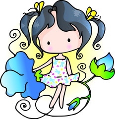 vector cartoon girl sitting on the flower