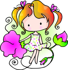 vector cartoon girl sitting on the flower