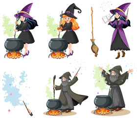Set of wizard or witches with magic tools cartoon style isolated on white background