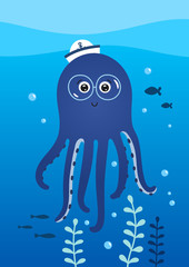 Cute little octopus with glasses. Poster for baby room. Childish print for nursery. Design can be used for greeting card, invitation, baby shower. Vector illustration.