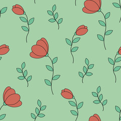 The pattern of red tulips on a green background