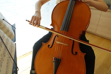 チェロを弾く若い女性　柔らかい光が射す部屋で woman playing the  cello © kesuku
