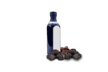 Dates Vinegar bottle and Dates fruit on white background. Copy space concept