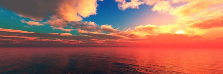 Beautiful ocean sunset, sea sunset panorama, sun over water, 3D rendering