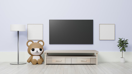 3d rendering interior cute style with doll, big TV on the wall