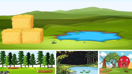 Four different scenes in nature setting cartoon style