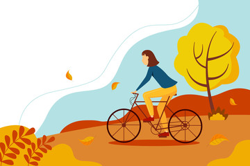 Fototapeta na wymiar Cyclist-an athlete on a Bicycle. Girl in a sweater riding a bicycle in the park. Cute autumn landscape with trees and leaves.
