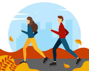 Young couple rollerblading in the park in autumn. Cute vector illustration in flat style.