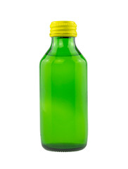 Green liquid medicine bottle isolated on white background