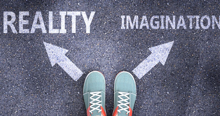 Reality and imagination as different choices in life - pictured as words Reality, imagination on a road to symbolize making decision and picking either one as an option, 3d illustration
