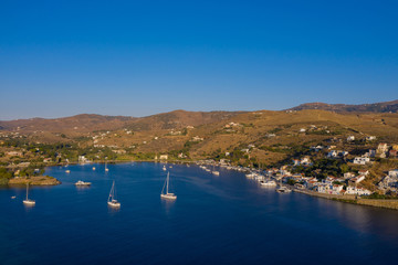 Obraz premium Kea Tzia island, Cyclades, Greece. Aerial drone photo of the bay at sunset time.