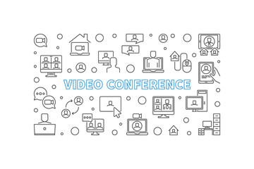 Fototapeta na wymiar Video Conference outline concept horizontal banner. Vector illustration