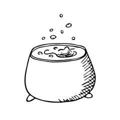 A pot with a potion.Vector illustration for the cheerful  holiday Halloween.Decorative element for party. Isolated object on white background in Doodle style.Clipart for postcard, invitation, textiles