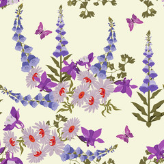 Chamomile, foxglove, aquilegia, butterflies on a white background. Seamless vector illustration. © Nadezhda