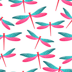 Dragonfly trendy seamless pattern. Repeating dress textile print with damselfly insects. Isolated 