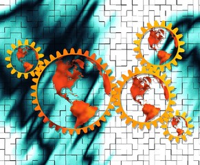 Symbolic Image of the 5 Continents with Gears