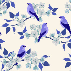 Seamless vector illustration with blossoming sakura and birds on a white background.