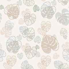 Monstera leaf vector seamless pattern design. Colorful monstera leaves pattern in pastel colors. © Tsvetina