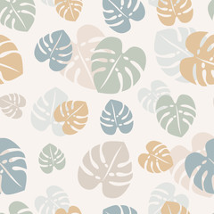 Monstera leaf vector seamless pattern design. Colorful monstera leaves pattern in pastel colors.