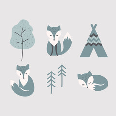 Polar fox, tree and tent colorful caroon set. Winter blue foxes character design for decoration or t-shirt.