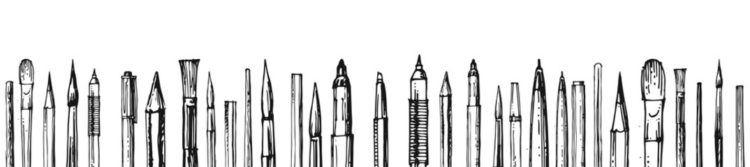 Stationery. Pens, pencils and brushes. Outline hand drawing. Isolated vector object on white background. A sketch with a felt-tip pen, ink on paper. Bottom horizontal frame. Sketch.