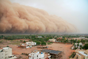 A haboob approaching the outskirts of Khartoum, Sudan. A haboob is a type of intense dust storm carried on wind that occur regularly in Sudan.