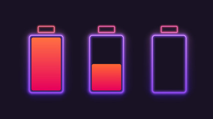 Set of neon battery charge level indicators. Vector illustration.