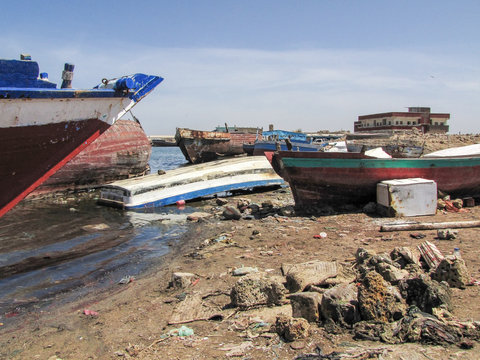 Plastic and paper rubbish in the Suakin harbor on the Red Sea, northeast Sudan.